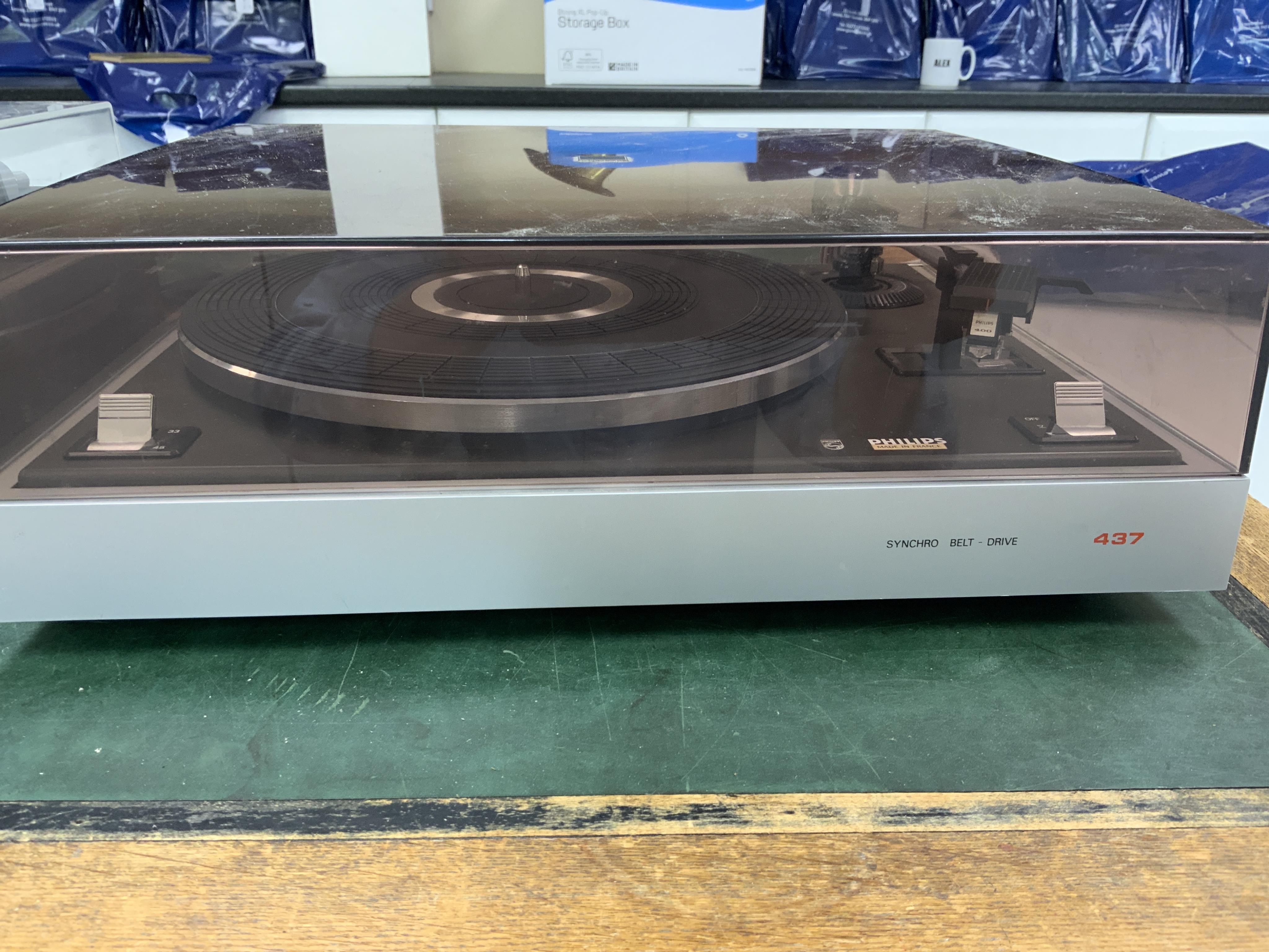 Two record players; a Philips 437 turntable together with a Pioneer PL-112D turntable, both with leads. Condition - fair to good